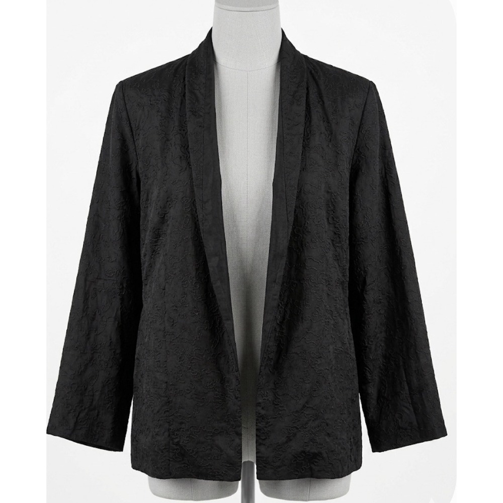 Eileen Fisher 100% Silk Embroidered Jacket Black Size S Lined Open Front